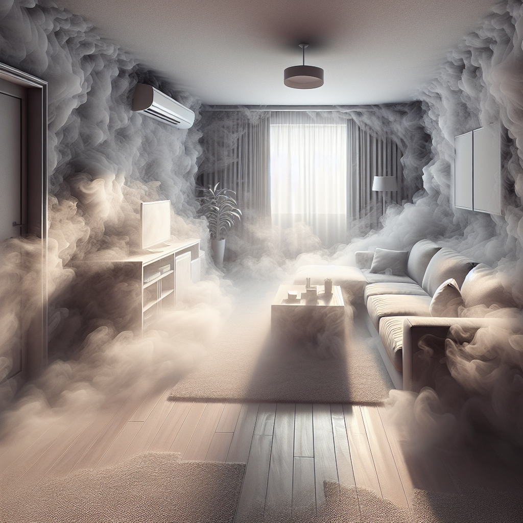 An apartment living room with a subtle, pervasive haze of smoke, visually clinging to the fabric of a sofa and curtains. The light is somewhat dim, conveying a stale and unpleasant atmosphere. Realistic style, high detail.