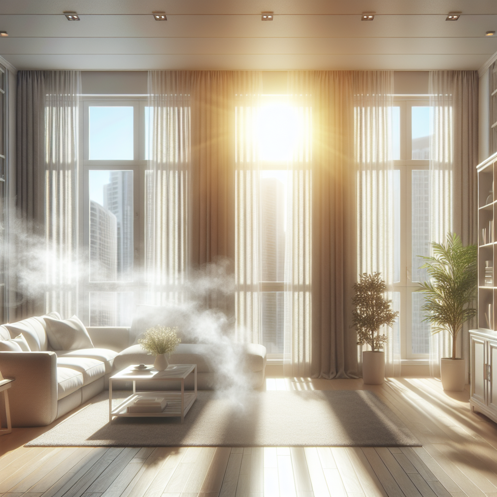 A bright, airy apartment living room with wide-open windows, sunlight streaming in. Subtle, dissipating wisps of smoke are being carried out by a fresh breeze, replaced by a feeling of clean, renewed air. Emphasize contrast between stale and fresh. Realistic, inviting atmosphere.