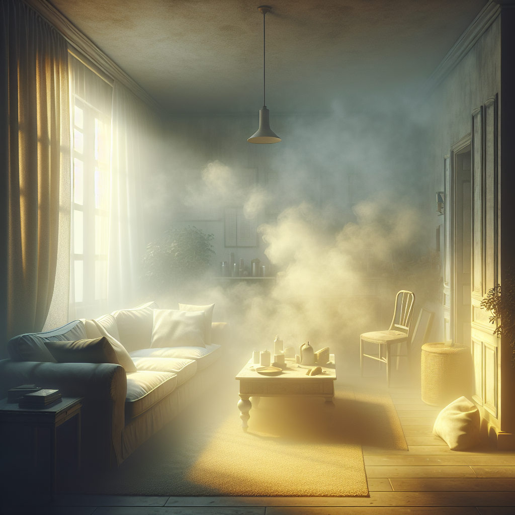 A realistic photograph of a cozy apartment living room filled with a subtle, yellowish haze of old smoke. The light is dim, and the air looks heavy and stagnant. Furniture, like a sofa and curtains, appears to absorb the lingering smell. No people present. The mood is stuffy and unpleasant, conveying a persistent odor.