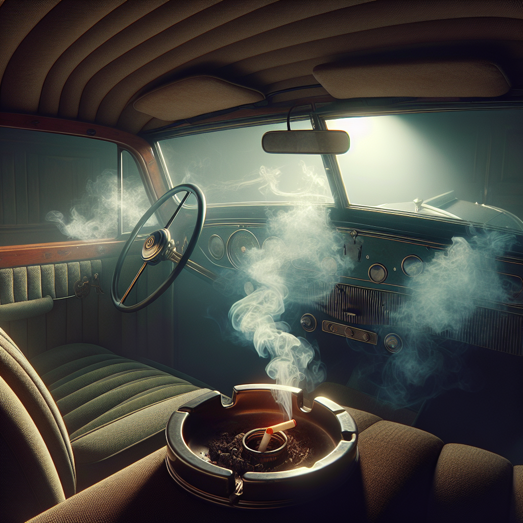 A dimly lit, vintage car interior with a subtle, visible haze of stale cigarette smoke lingering around the dashboard, fabric seats, and headliner. The scene should evoke a feeling of unpleasant, trapped odors, with perhaps an old, forgotten ashtray in the foreground. Realistic, slightly desaturated colors.
