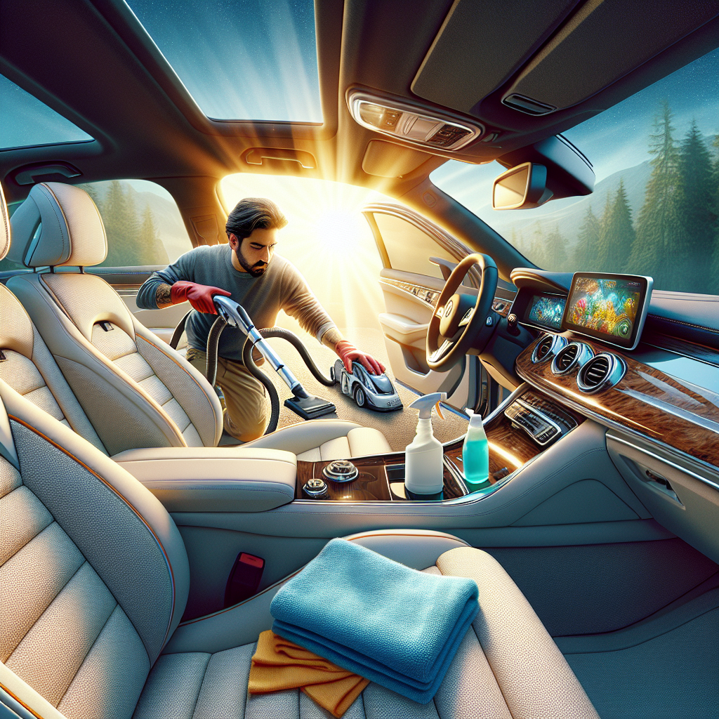 A bright, modern car interior with all doors and windows wide open, allowing fresh air and sunlight to stream in. A person's hands are actively vacuuming the car's fabric seats, while a spray bottle and a clean microfiber cloth are visible on the dashboard. The atmosphere is fresh, clean, and optimistic, symbolizing thorough odor removal. Realistic, vibrant colors.