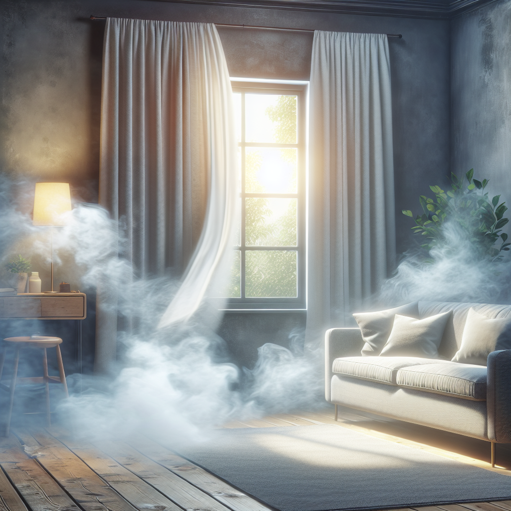 A cozy, modern living room with a subtle, unpleasant haze of smoke lingering in the air, clinging to fabrics. One window is wide open, with a bright, clean stream of fresh air and sunlight actively pushing the smoke out of the room. The room begins to look fresh and clear. Concept art, realistic style, soft lighting.