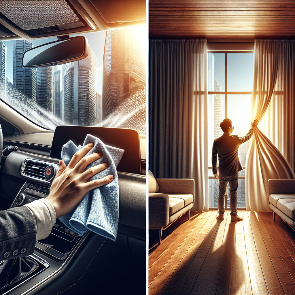 A diptych (two panels) image. The left panel shows a hand actively wiping down a surface in a car interior with a cleaning cloth, emphasizing cleanliness. The right panel shows a hand opening a window wide in a bright, modern apartment living room, with curtains gently swaying from a breeze. Both scenes evoke a strong sense of freshness and air circulation, implying the removal of unwanted odors. Bright, airy, realistic photography style.