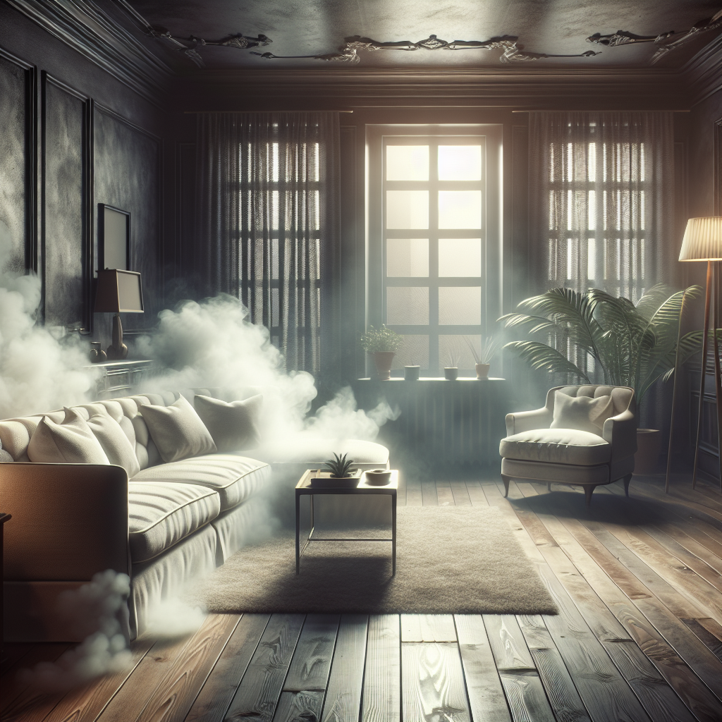 A cozy living room interior that appears slightly hazy and oppressive, with a subtle, visible smoke odor effect lingering in the air. The furniture and textiles look slightly discolored and heavy, emphasizing a stale, unpleasant atmosphere. Focus on conveying the persistent smell without showing explicit smoke. Realistic, cinematic lighting.