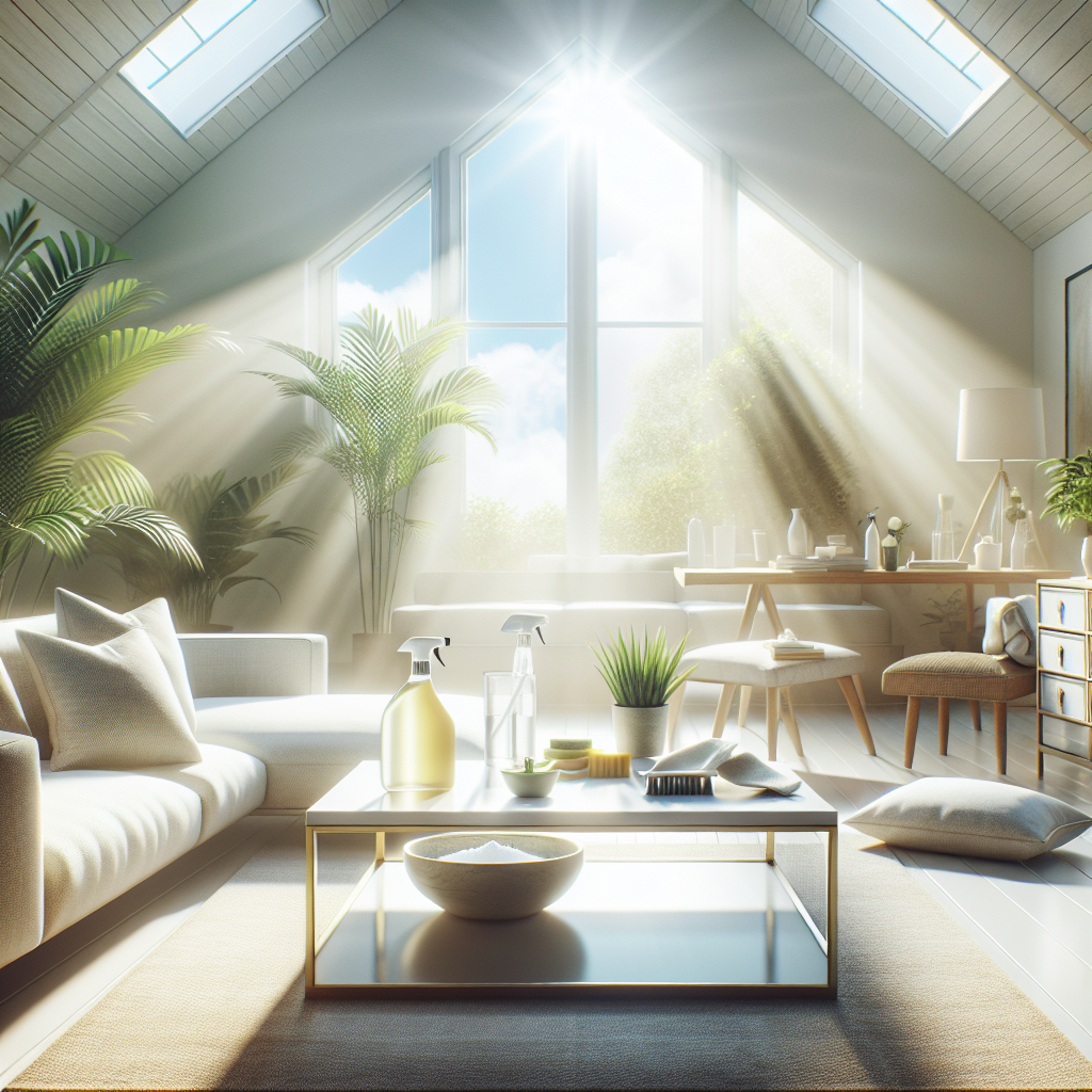 A bright, airy, and impeccably clean living room, bathed in soft natural light coming through a large open window. The scene conveys a strong sense of freshness and purity. On a coffee table, there's a small bowl of baking soda and a spray bottle, subtly hinting at natural cleaning. The overall impression is one of a newly revitalized, fresh-smelling home. Hyper-realistic, clean aesthetic.