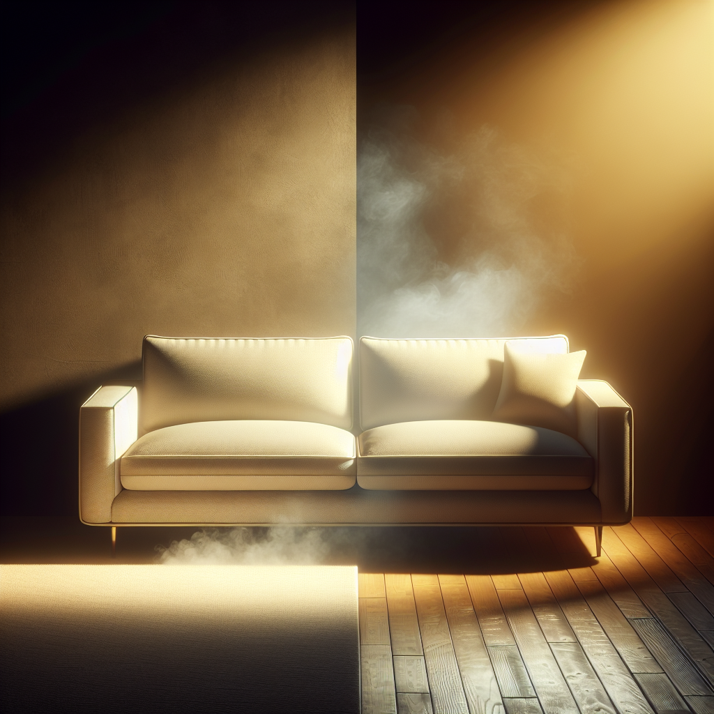 A cozy, upholstered sofa in a bright, sunlit living room. One half of the sofa is subtly enveloped by a faint, unpleasant grey smoke haze, symbolizing the persistent smoke smell. The other half is pristine and fresh, bathed in warm natural light, with a visible feeling of cleanliness and fresh air. The image should convey a strong contrast between stale and fresh. Realistic photograph.
