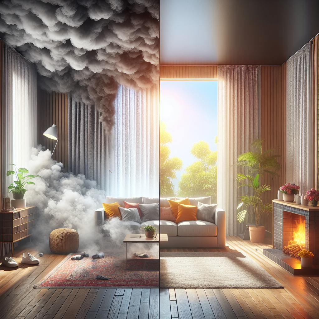 A split image of a living room, dramatically contrasting the 'before' and 'after' of smoke removal. On the left side, the room is dimly lit, filled with a visible, dense, stale smoke haze clinging to furniture and curtains, conveying a strong unpleasant odor. On the right side, the exact same room is bright, clean, and airy, with sunlight streaming through an open window, fresh vibrant colors, and a clear, inviting atmosphere. A stark, dramatic contrast between the two halves, photorealistic.