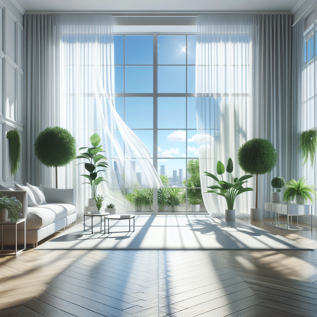 A meticulously clean and bright living room, filled with abundant natural light from wide-open windows looking out onto a clear blue sky. Sheer white curtains gently billow in a subtle, fresh breeze. Lush green house plants are strategically placed, enhancing the feeling of purity and vitality. The room exudes an overwhelming sense of freshness, airiness, and a complete absence of any odors, almost glowing with cleanliness, photorealistic.