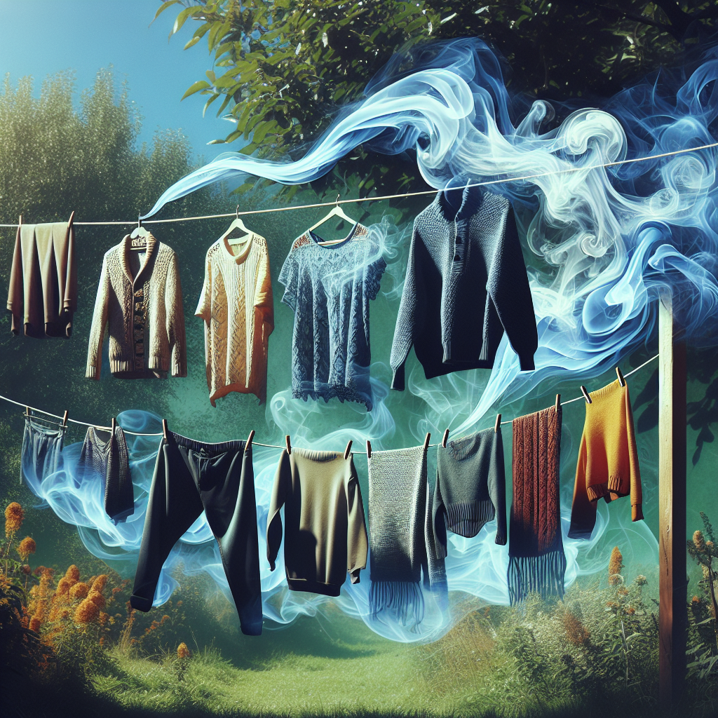 A clean, stylized image of various textiles (e.g., shirts, sweaters) hanging on a clothesline outdoors, gently swaying in a fresh breeze. A subtle, wispy tendril of smoke is visibly dissolving and being carried away from the fabric by the air, symbolizing the removal of odor. The background is bright and natural, evoking a sense of freshness, cleanliness, and the effectiveness of airing out clothes.