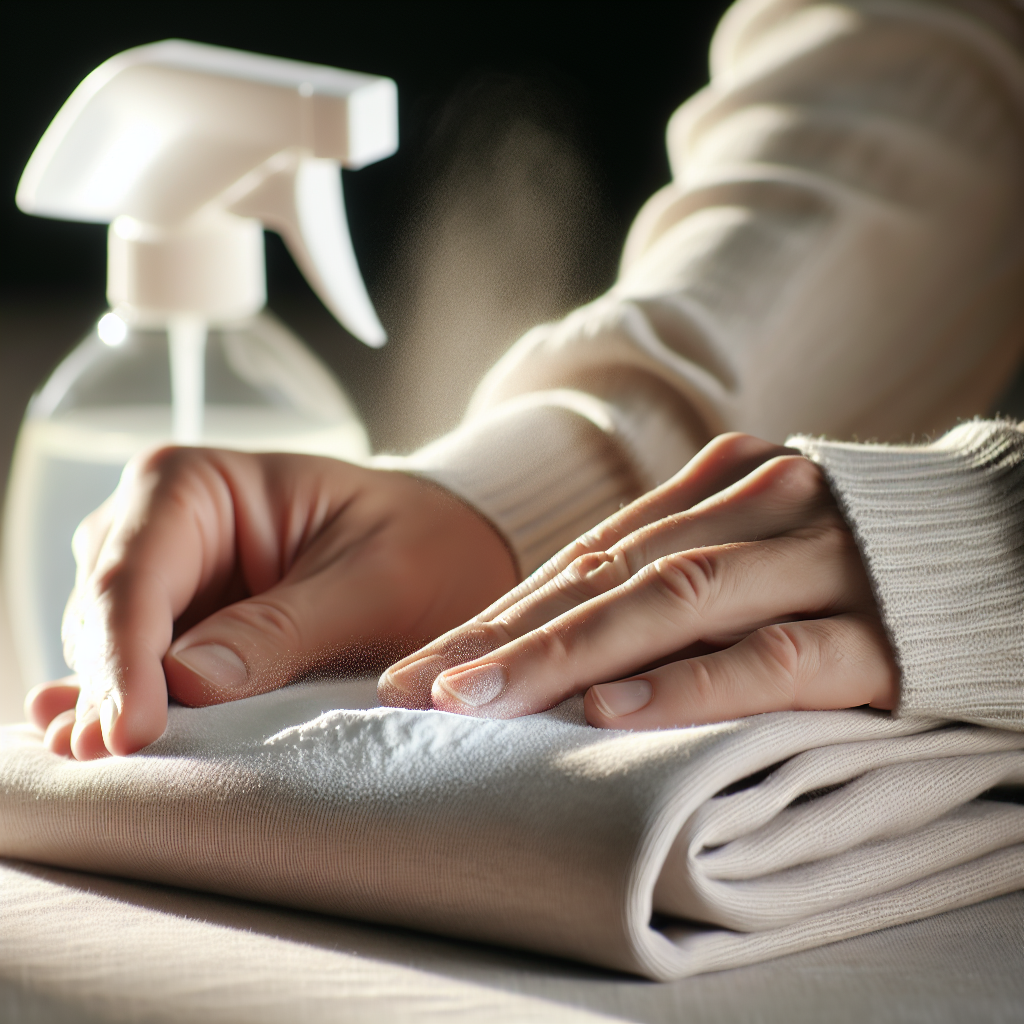 Close-up shot of hands gently sprinkling a white powder (representing baking soda or Natron) over a piece of folded fabric, like a sweater, laid flat on a clean, light surface. In the softly blurred background, a spray bottle filled with a clear liquid (hinting at vinegar solution) and a small, unassuming bowl are subtly visible, emphasizing practical, natural home remedies for smoke odor removal. The lighting is soft and domestic.