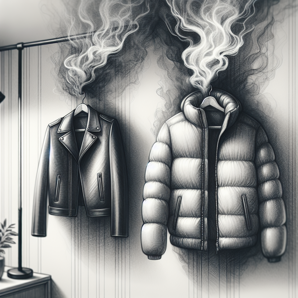 A stylish, dark leather jacket or a warm puffer jacket hanging on a coat rack inside a home. Around the jacket, a subtle, abstract, slightly dark or greyish 'aura' or 'mist' visually represents an unpleasant, lingering smoke smell, making the air around it seem heavy. The overall mood is one of mild annoyance or discomfort, with soft, indirect lighting.