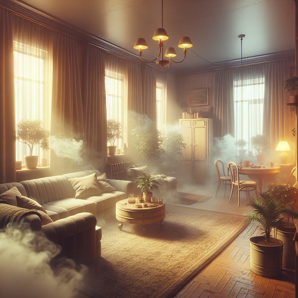 A realistic image of a cozy apartment living room, but with a subtle, yellowish haze in the air, indicating a persistent, stale smoke smell. Furniture and curtains appear to absorb the odor, creating an unwelcoming atmosphere. The overall mood is slightly dim and unpleasant.