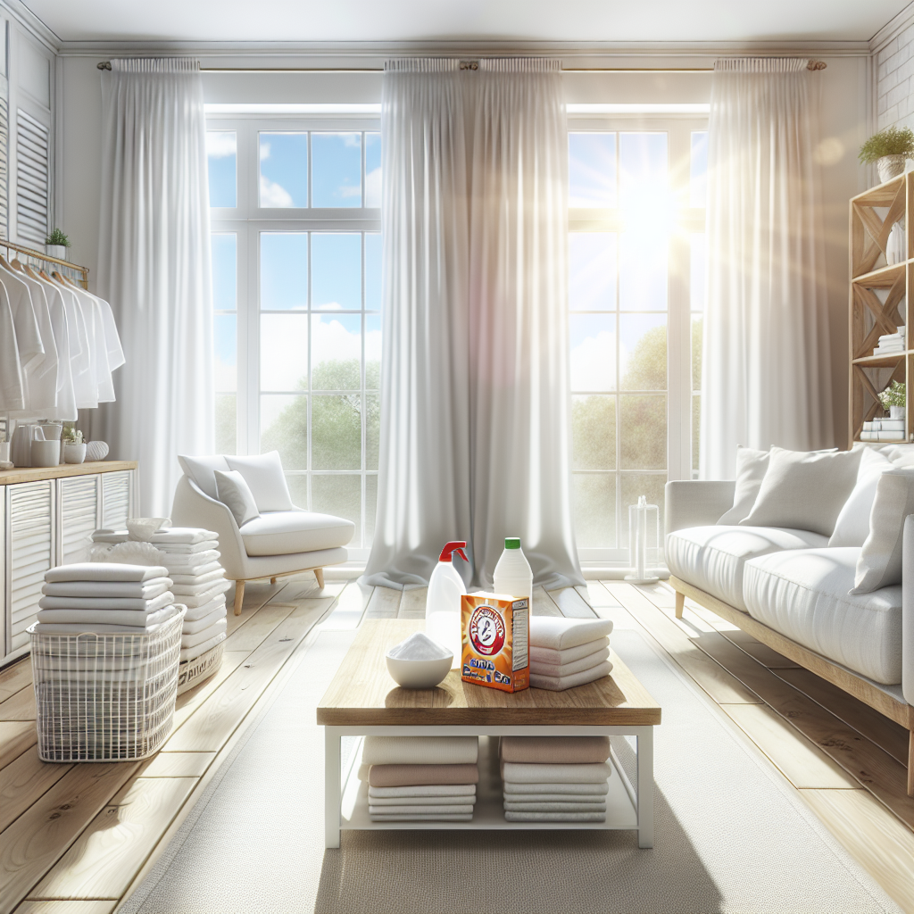 A bright, fresh, and sparkling clean apartment living room. Sunlight streams through wide-open windows, revealing sheer white curtains gently swaying in a refreshing breeze. On a coffee table, a box of baking soda and a bottle of vinegar are subtly placed next to a stack of clean, folded laundry, symbolizing effective odor removal and a renewed sense of freshness. The room feels airy and invigorating.