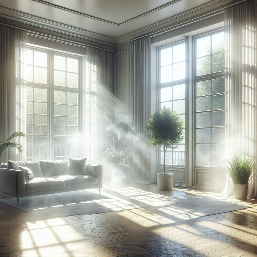 A bright, clean, and airy living room with large open windows and sunlight streaming in. A subtle, refreshing breeze billows the curtains, and a plant sits on a windowsill. The overall atmosphere is one of freshness, renewal, and cleanliness, completely free of any stale smells, symbolizing successful smoke odor removal. Realistic interior photography, high detail, natural morning light.