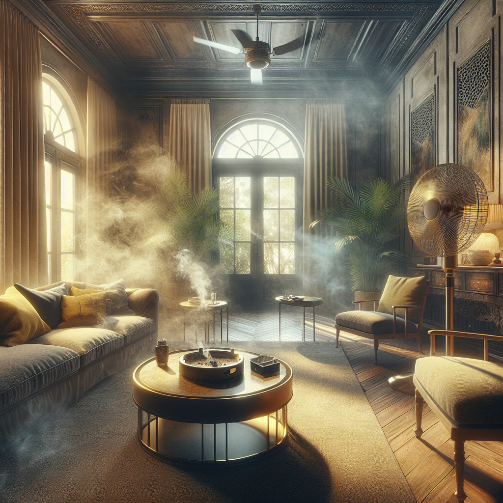 A cozy living room interior after a smoky event, filled with a subtle, yellowish haze that catches the light. Windows are wide open, and a fan is working to circulate air, but a faint, lingering sense of unpleasantness remains. An empty ashtray sits on a coffee table, signaling the aftermath. Realistic, slightly melancholic lighting, detailed textures of fabric and wood.