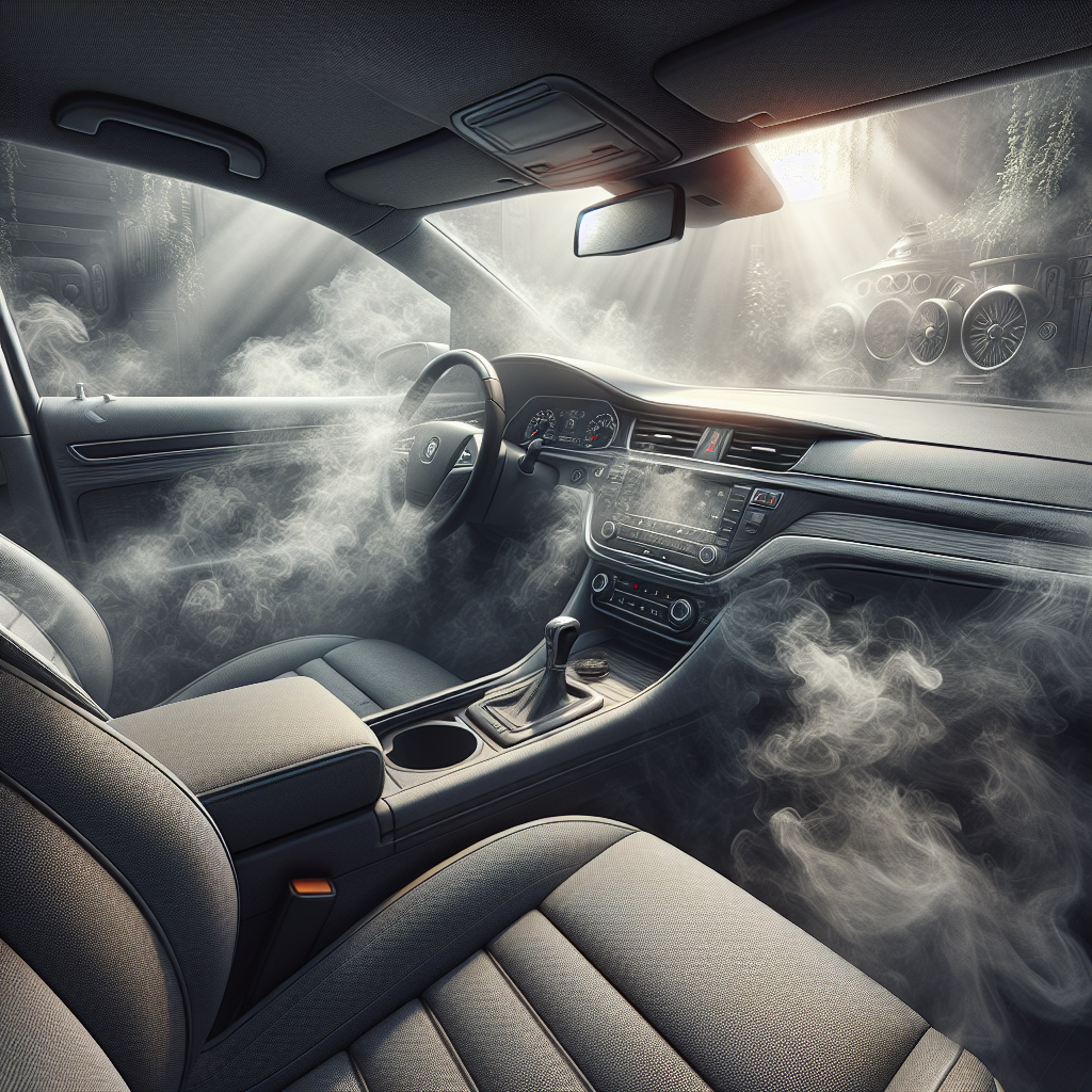 A detailed, realistic photo of a car interior, specifically the fabric seats and dashboard, with visible, swirling grey cigarette smoke deeply pervading and clinging to all surfaces. The atmosphere is heavy, dim, and uninviting, emphasizing a persistent and unpleasant odor. Focus on the interaction between smoke and materials.