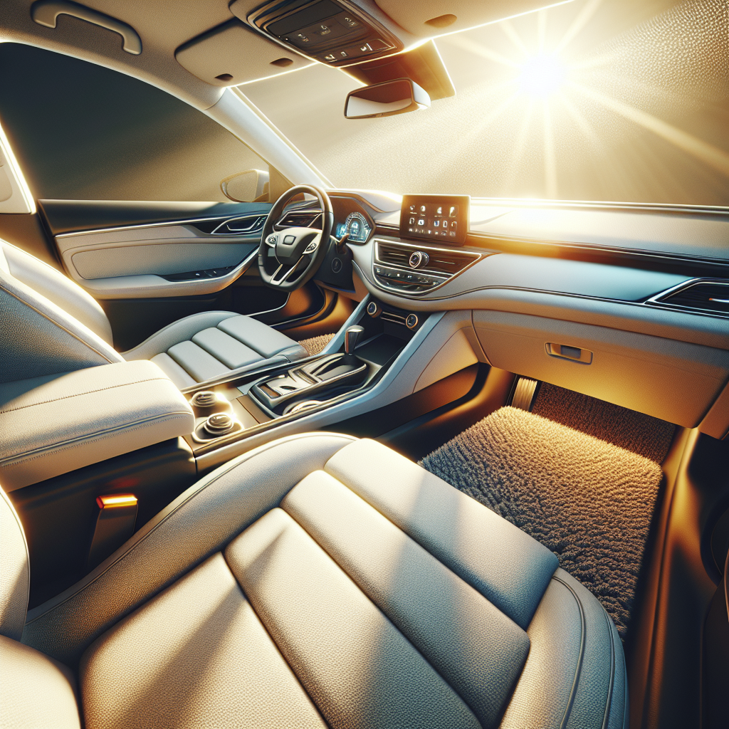 A bright, realistic, and inviting photo of a meticulously clean and fresh car interior, bathed in warm natural sunlight. The fabric upholstery, carpets, and dashboard are spotless and gleaming, conveying a strong sense of purity, renewed comfort, and fresh air circulating. No visible smoke or cleaning products are present, just a pristine environment.