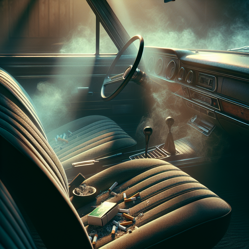 A hyper-realistic, close-up shot inside an older car's interior, showing a subtle, lingering haze of cigarette smoke. The fabric seats appear slightly discolored and worn, with a faint yellowish tint. Ash dust is visible on the dashboard and center console, emphasizing the stubbornness of the smoke odor. The atmosphere feels heavy and stale, conveying an unpleasant, persistent smell. Dim, moody lighting.