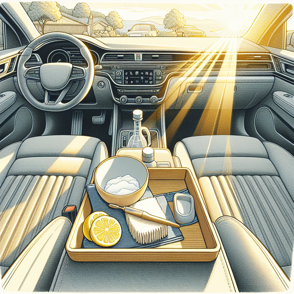 A bright, detailed image of a freshly cleaned and sparkling car interior. Sunlight streams through the windows, illuminating plush, clean fabric seats, a spotless dashboard, and pristine air vents. A small, elegant bowl of baking soda and a few slices of fresh lemon are subtly placed on the center console, hinting at natural remedies. The atmosphere is light, airy, and inviting, conveying a strong sense of freshness and purity.
