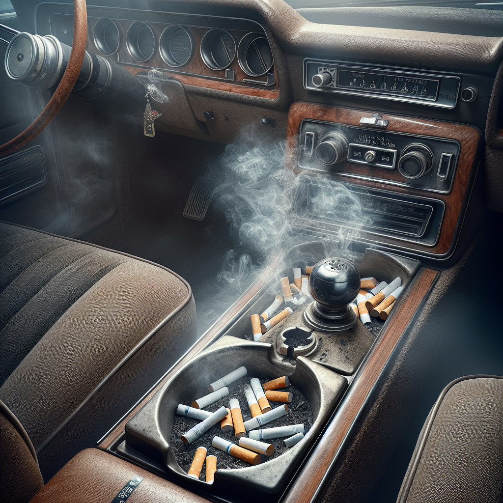 A detailed interior shot of a car permeated with cigarette smoke. The air inside is slightly hazy, with a subtle visual representation of stale smoke lingering. An old ashtray with cigarette butts sits on the center console. The fabric seats and interior surfaces appear dull and slightly discolored, conveying an unpleasant, ingrained smell. Realistic, high detail.