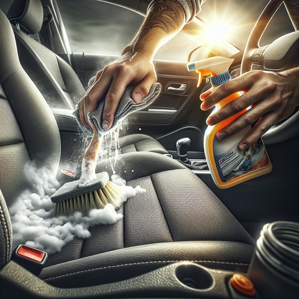 Close-up of a person's hands actively cleaning a car's fabric seat with a spray bottle of textile cleaner and a brush, creating foam. The light in the car is bright and fresh, symbolizing the removal of smoke odors and a renewed, clean interior. Focus on the cleaning action and the revitalization process. Realistic, high detail.