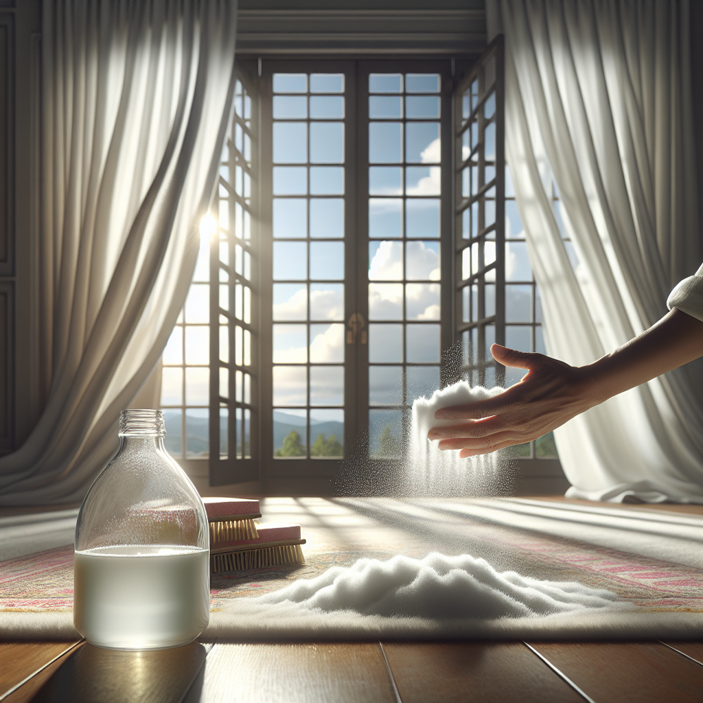 A bright, airy room undergoing a 'refresh.' A window is wide open, with sheer white curtains billowing gently in the breeze. In the foreground, hands are sprinkling baking soda onto a carpet, and a bottle of vinegar is visible on a nearby table. The overall scene conveys cleanliness, fresh air, and the active process of removing odors, with a bright, optimistic color palette.