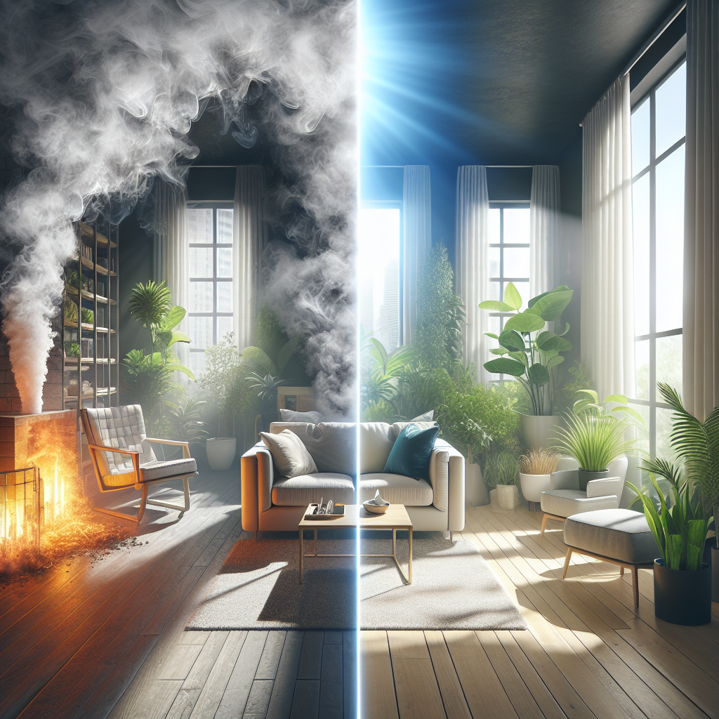 A split image. On the left side, a cozy living room is filled with dense, unpleasant cigarette smoke, making furniture look dull and the air hazy and unwelcoming. On the right side, the exact same living room is bright, airy, and impeccably clean, with sunlight streaming through an open window, fresh green plants, and a palpable sense of pure, clean air. The division is sharp, showcasing a dramatic transformation from smoke-filled to fresh.