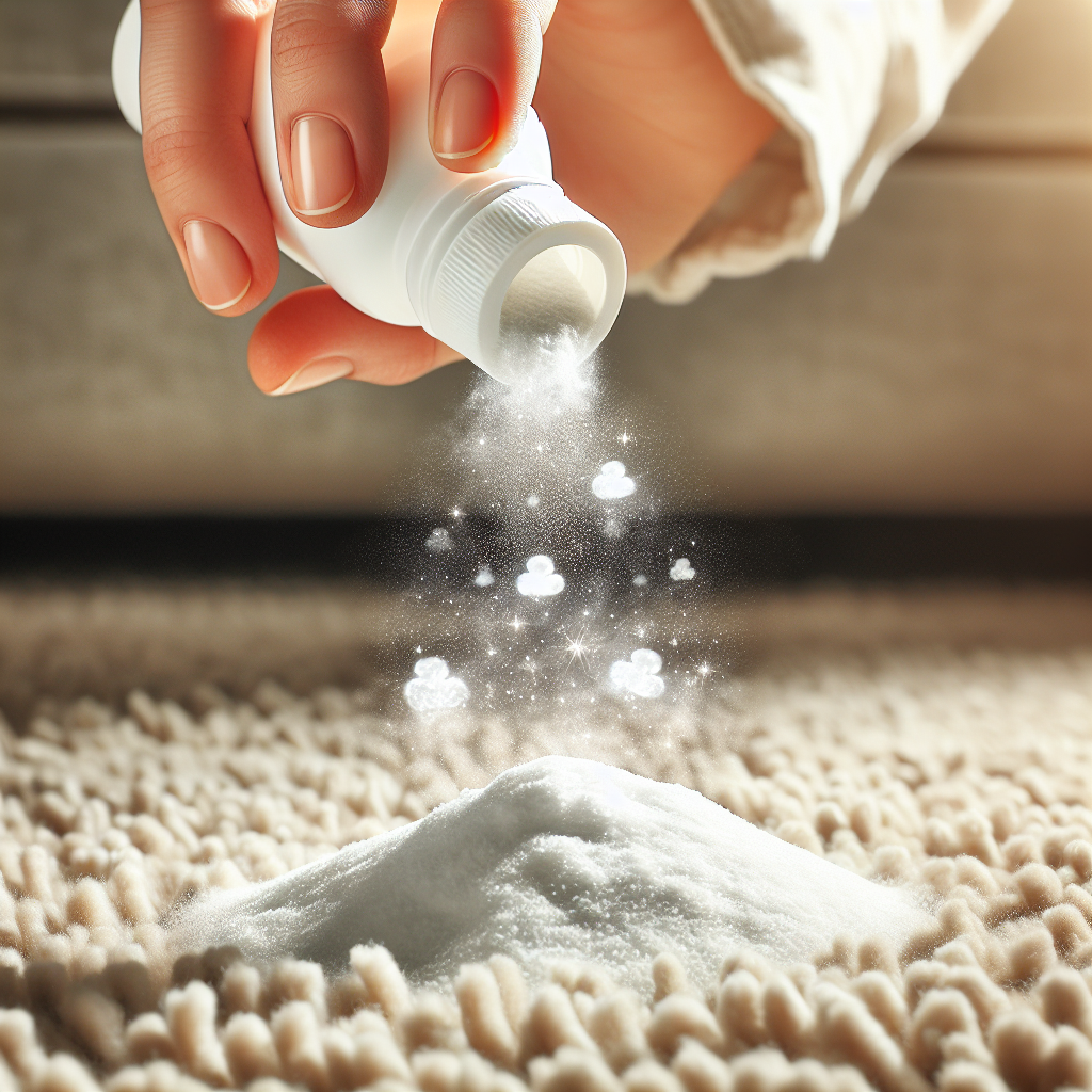 Close-up shot of a hand sprinkling white baking soda powder over a plush, beige carpet. Around the baking soda, subtle, dark, smoky wisps are visibly dissipating and being absorbed into the powder, while tiny, sparkling fresh air symbols emerge, representing effective odor neutralization. The overall mood is clean, effective, and slightly magical, highlighting the power of home remedies.