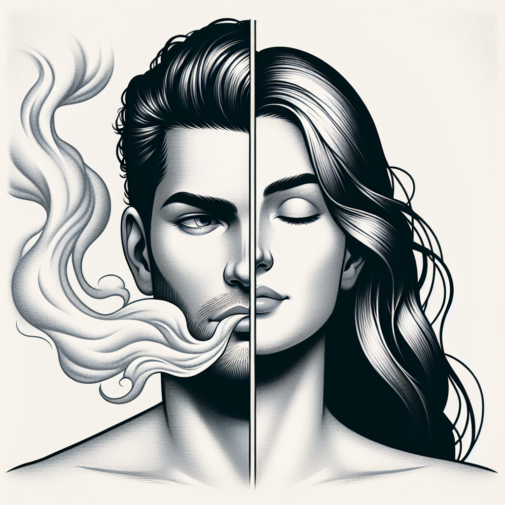 A person, gender-neutral, looking slightly uncomfortable with a faint, wispy haze of smoke subtly surrounding their hair and clothes, conveying an unpleasant smell. On the other side, the same person appears fresh, clean, and invigorated, perhaps with sparkling, healthy hair and a confident, relieved expression, symbolizing the successful removal of the smell. The image should have a clean, modern aesthetic with a focus on contrasting before and after states.