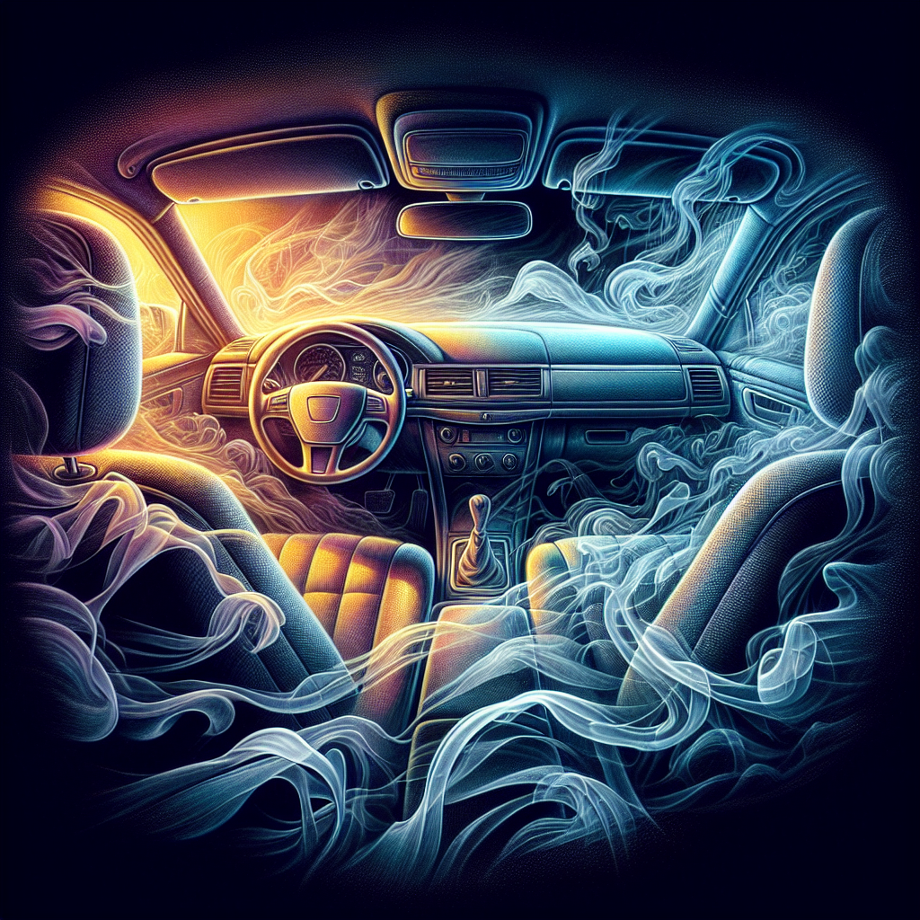 A realistic shot of a car's interior filled with a faint, lingering haze of smoke, making the fabric seats and dashboard appear dull and permeated. The atmosphere should feel stale and unpleasant, emphasizing the persistent cigarette odor.