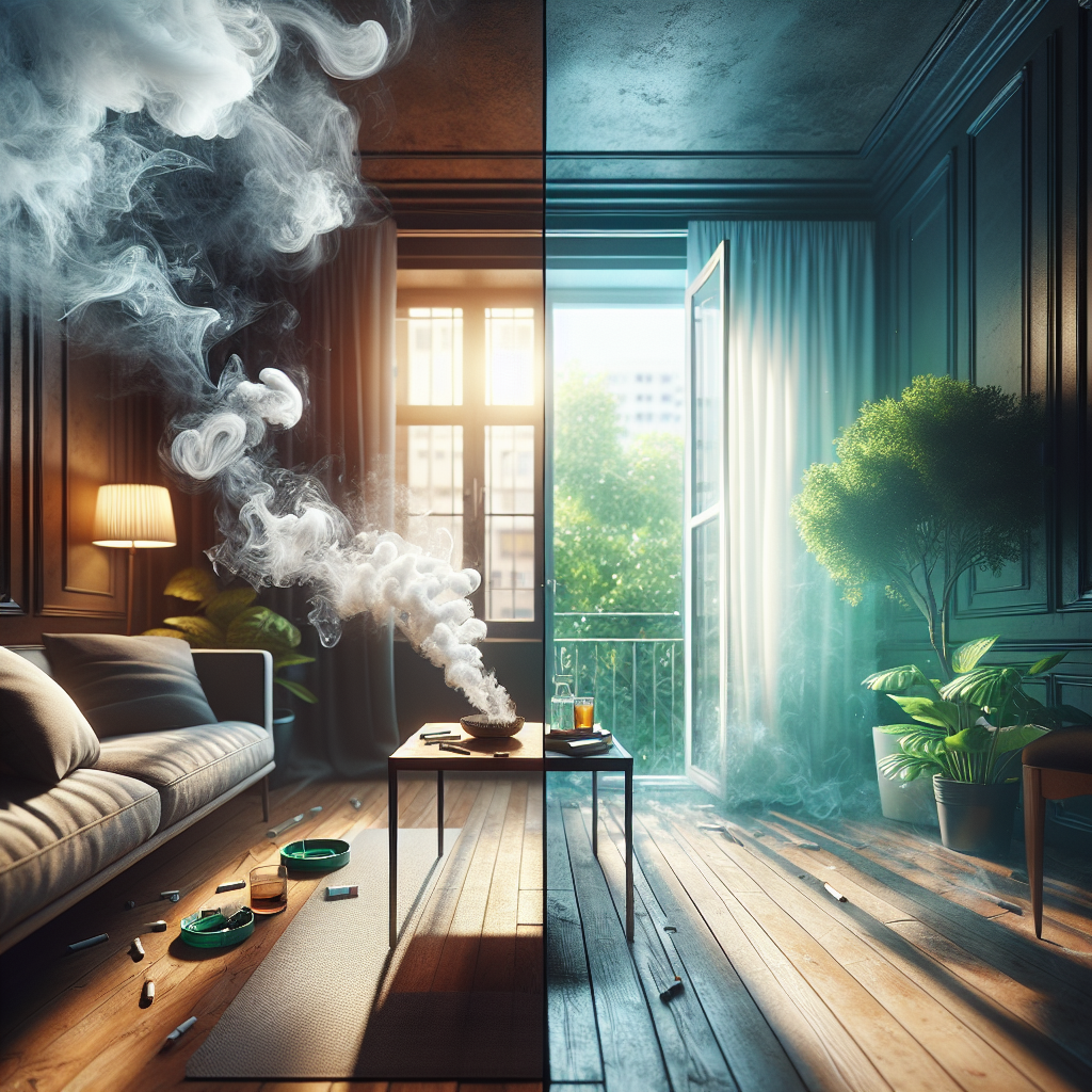 A split image showing a stark contrast: on one side, a dimly lit, cozy living room filled with visible, swirling cigarette smoke, giving a sense of stale air. On the other side, the same living room, now brightly lit, fresh, with wide-open windows allowing a gentle breeze, clean surfaces, and subtle elements like a small bowl of vinegar on a table and a green plant, conveying a sense of renewed freshness and cleanliness. Detailed, realistic, photography style.