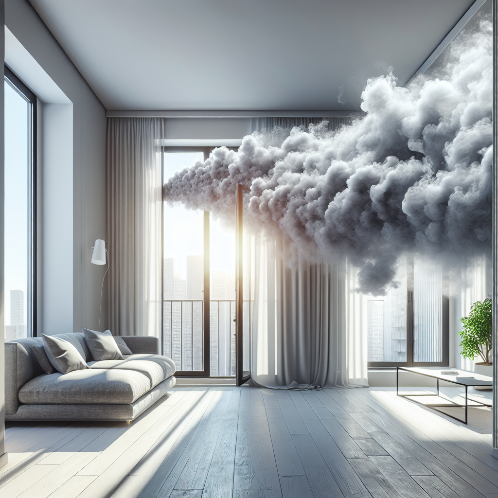 A bright, modern apartment living room with a large window wide open, letting in a gush of fresh, clear air and sunlight. Wisps of a grey, stale smoke-like haze are visibly being drawn out of the window, disappearing into the outside. The room interior looks clean and airy, symbolizing the transformation from a smoky to a fresh environment. Realistic photo, vibrant colors.