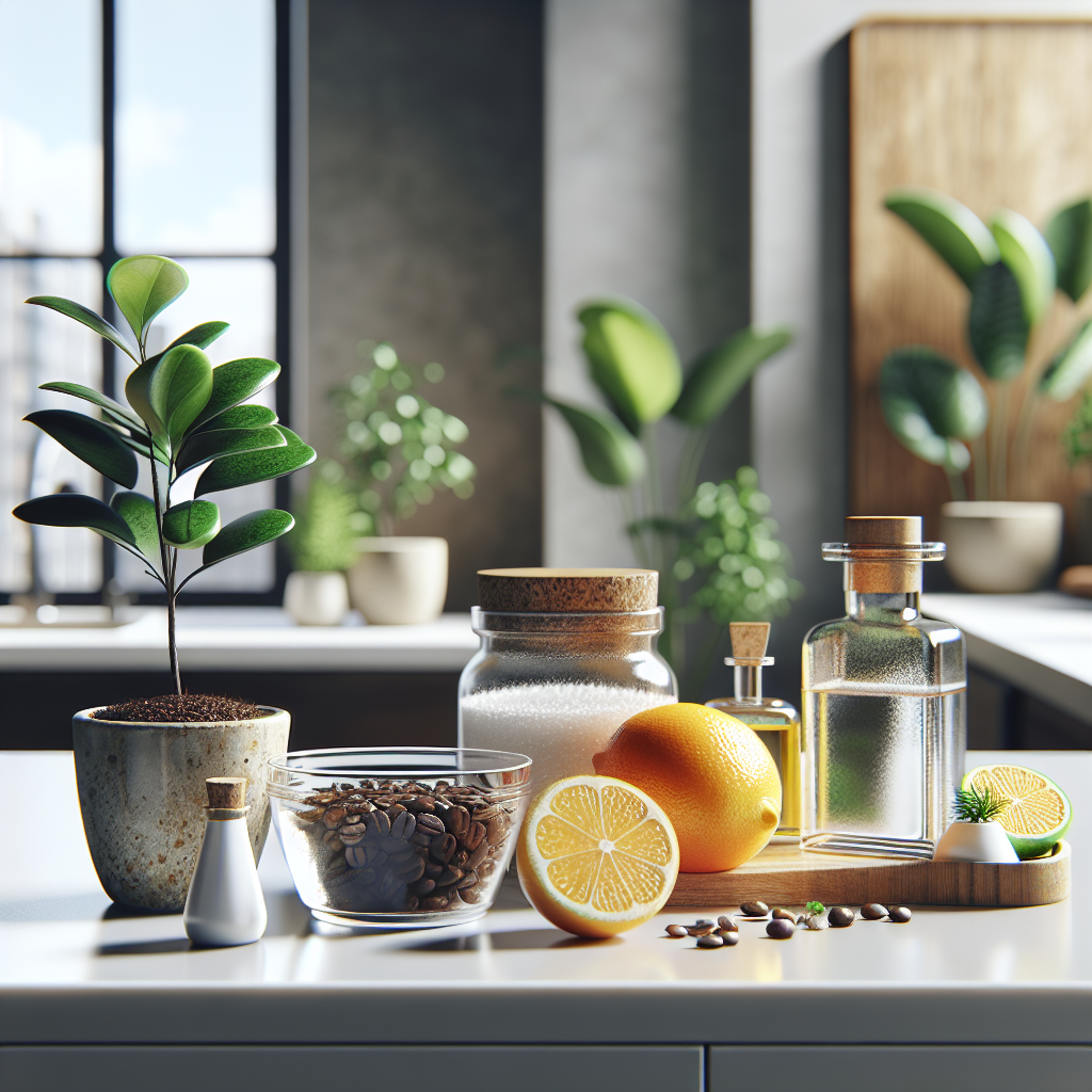 A clean, bright kitchen counter or coffee table in an apartment, featuring a still life arrangement of natural odor neutralizers. Elements include a small, rustic bowl of fresh coffee grounds, a glass bowl with freshly sliced lemons and oranges, a small open bowl of white vinegar, and a lush green houseplant. The background is softly blurred, showing a hint of a fresh, clean apartment interior. Realistic photo, natural lighting.