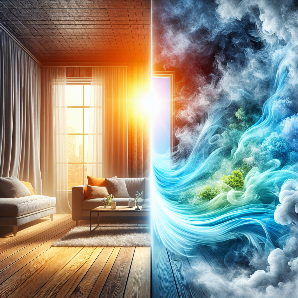 A stylized image contrasting an interior space filled with a subtle, unpleasant smoky haze with an area that is visibly fresh and clean, achieved by a strong gust of clear, bright air flowing in through a wide-open window. The fresh air dispels the smoke, bringing in sunlight and a sense of renewal to a cozy living room, symbolizing effective ventilation.