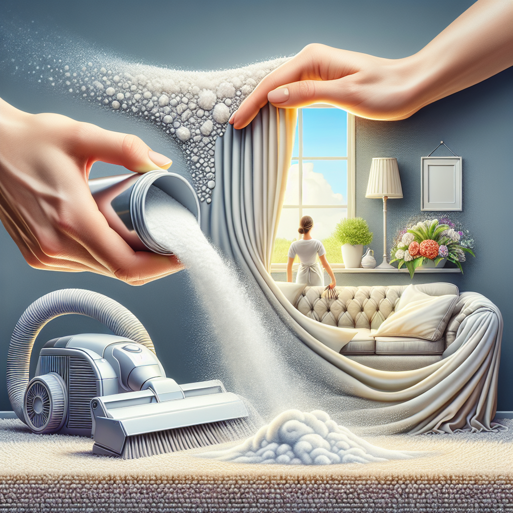 A close-up, detailed shot showcasing various methods of removing stubborn odors. In the foreground, hands gently sprinkle white powder (representing baking soda) onto a plush carpet or sofa. In the background, soft, clean fabric (like a curtain or laundry) billows gently near an open window, and a modern vacuum cleaner is visible, emphasizing thorough cleaning and a fresh environment. Bright, domestic, realistic.