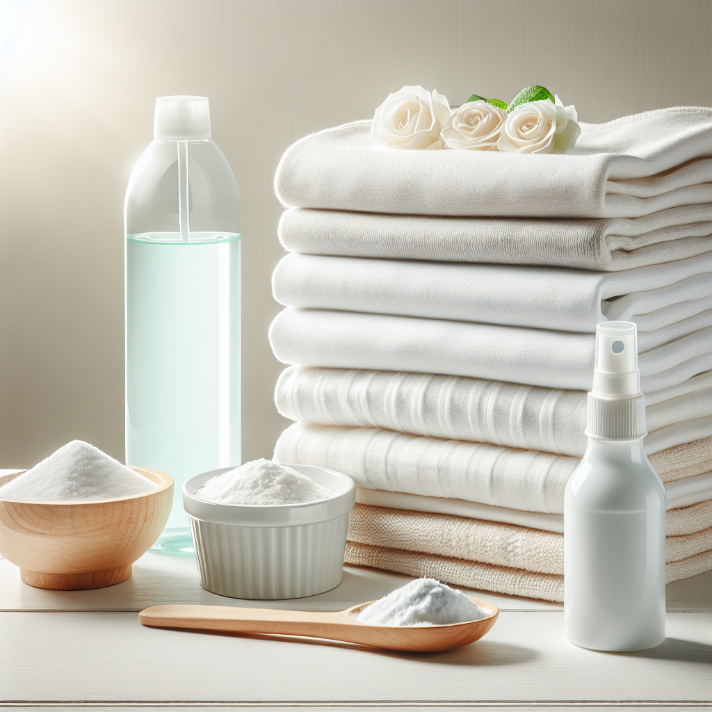 A bright and airy image showing a neatly folded stack of fresh, clean clothes (e.g., white shirts, towels) on a light wooden table, next to a small bowl of baking soda and a spray bottle, suggesting natural cleaning remedies. A subtle glow or soft light emphasizes cleanliness and freshness. Realistic photographic style, high key lighting.