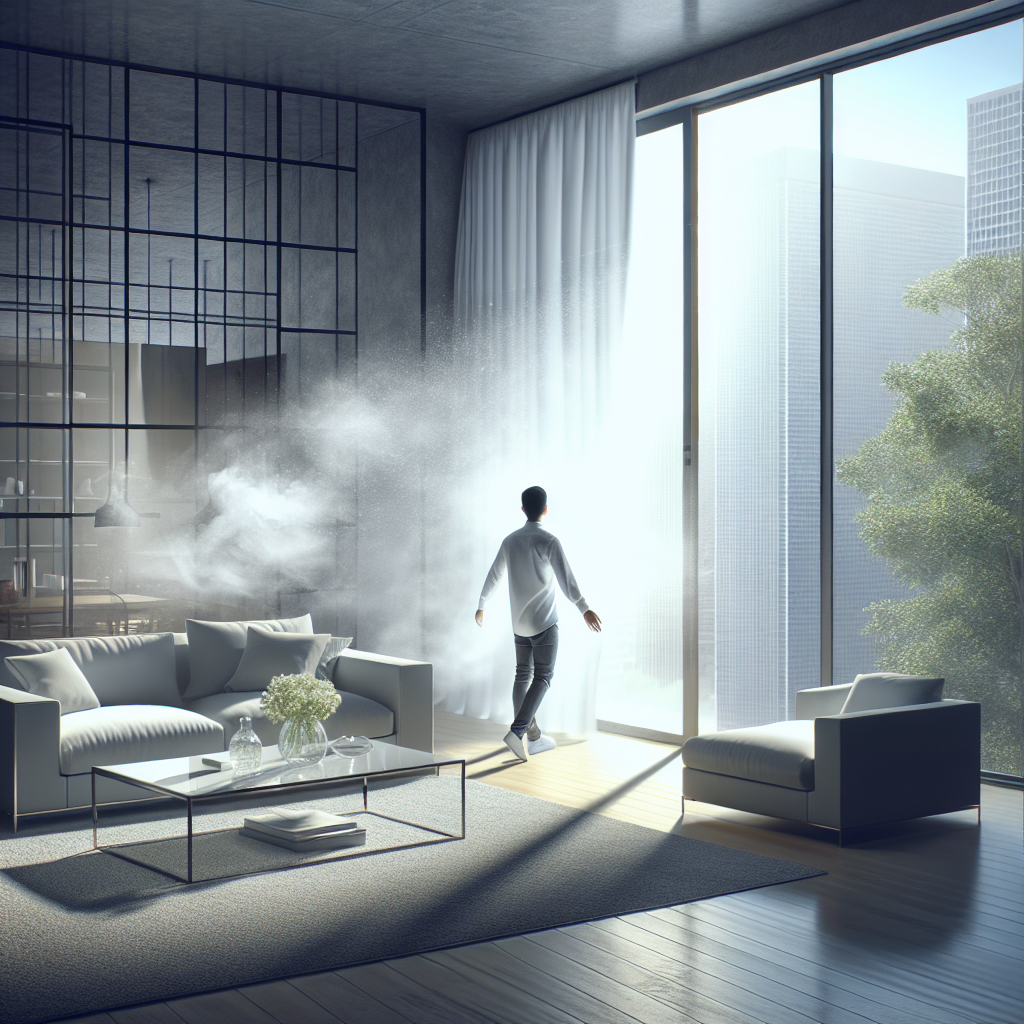 A modern, clean living room with a subtle, lingering smoke haze in the air. A person is actively opening a large window wide, letting in a gush of bright, fresh air, symbolizing ventilation and the initial step to remove the smoke. The atmosphere transitions from slightly hazy to clear. Realistic, natural lighting.