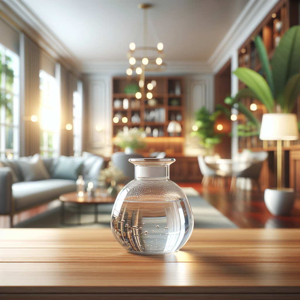 A close-up shot of a small, elegant bowl filled with a clear liquid (representing vinegar water), prominently placed on a clean wooden surface in a brightly lit, fresh-looking room. A blurred background of a cozy home environment with a hint of greenery emphasizes cleanliness and natural odor neutralization. Realistic, warm lighting.