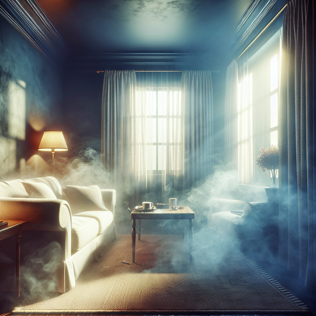 A cozy living room setting, but with a palpable sense of stale, lingering smoke smell. The light is a bit dim, casting a slightly yellowish hue on the fabric sofa and curtains, making them appear dingy. There's a subtle, almost visible, unpleasant aura in the air, without showing active smoke or cigarettes. The overall impression is one of an unpleasantly odorous environment. Realistic photography style.