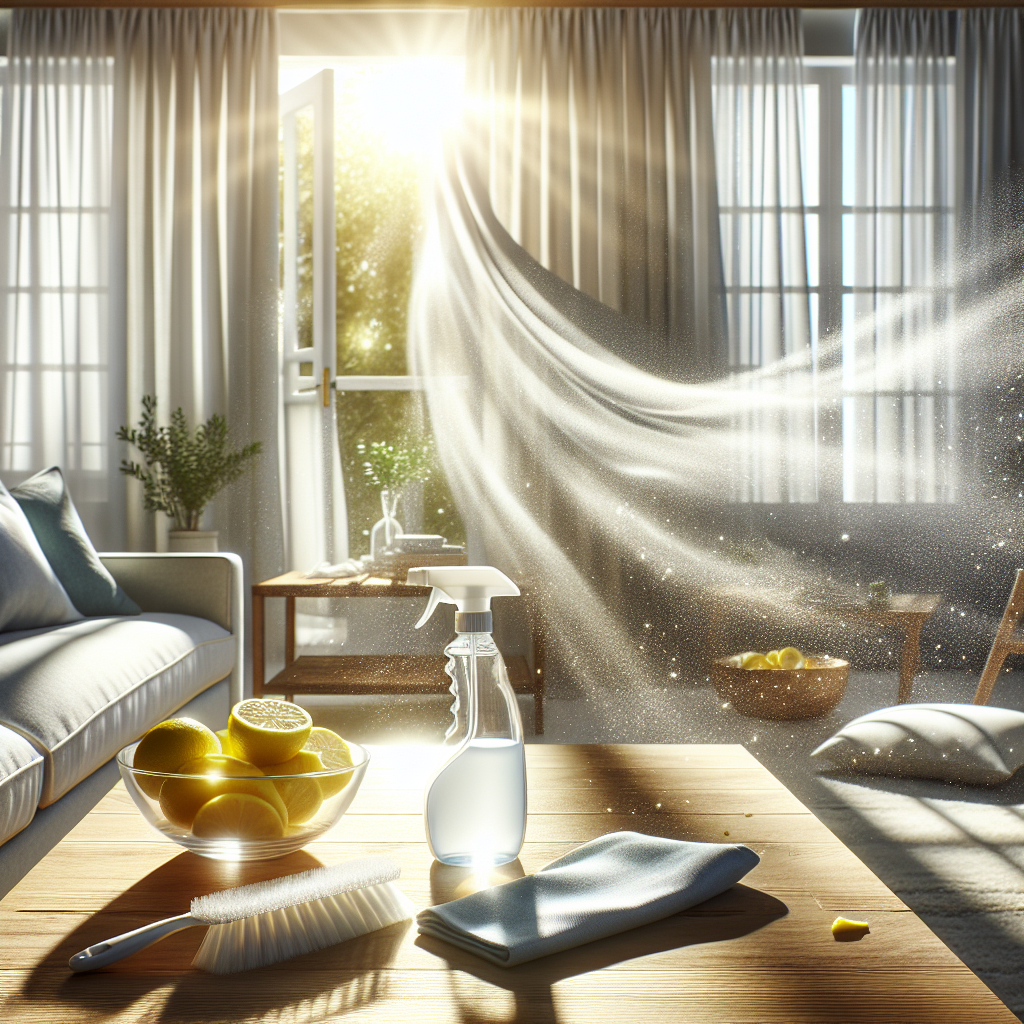 A bright and airy living room, completely free of smoke smell, with sunlight streaming through a wide-open window. A gentle breeze billows clean, white curtains. On a nearby table, there are subtle hints of cleaning supplies like a spray bottle or a bowl of fresh lemon slices, symbolizing cleanliness and natural odor removal. The overall feeling is one of refreshing cleanliness and a renewed atmosphere. Vibrant, clean photography style.