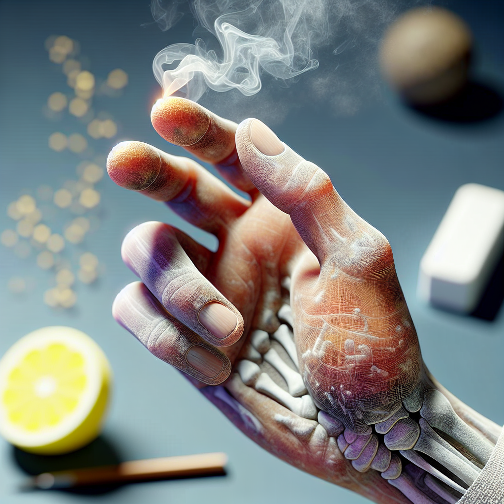 Close-up of a person's hand, fingers slightly apart, with a very subtle, transparent wisp of grey smoke or a faint brownish discoloration around the fingertips, indicating a lingering unpleasant smell. The hand conveys a sense of slight discomfort or self-consciousness. In the soft-focus background, a blurred bar of white soap and a fresh yellow lemon are visible, hinting at solutions. Realistic, natural lighting, high detail.