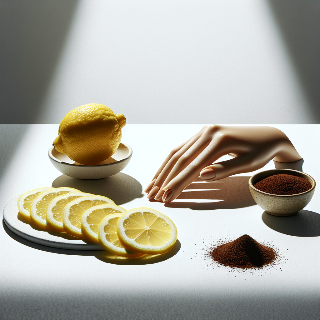 Minimalist still life composition featuring a clean, well-manicured hand (or just fingers) on a pristine white surface. Next to the hand are two key home remedies: several bright yellow fresh lemon slices, and a small, elegant ceramic bowl filled with dark brown ground coffee. The scene is brightly lit with natural light, emphasizing cleanliness and natural solutions. High resolution, clear focus, white background.