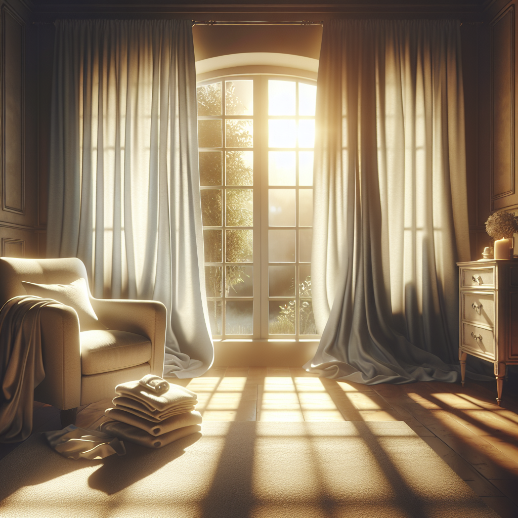 A warm, inviting indoor scene with an open window, letting in a gentle breeze and bright sunlight. Freshly laundered, clean curtains billow softly, and a stack of clean, soft blankets rests on a nearby armchair. The overall atmosphere evokes a strong sense of serene freshness, cleanliness, and comfort, completely free from any unpleasant odors. Realistic, cozy lighting.