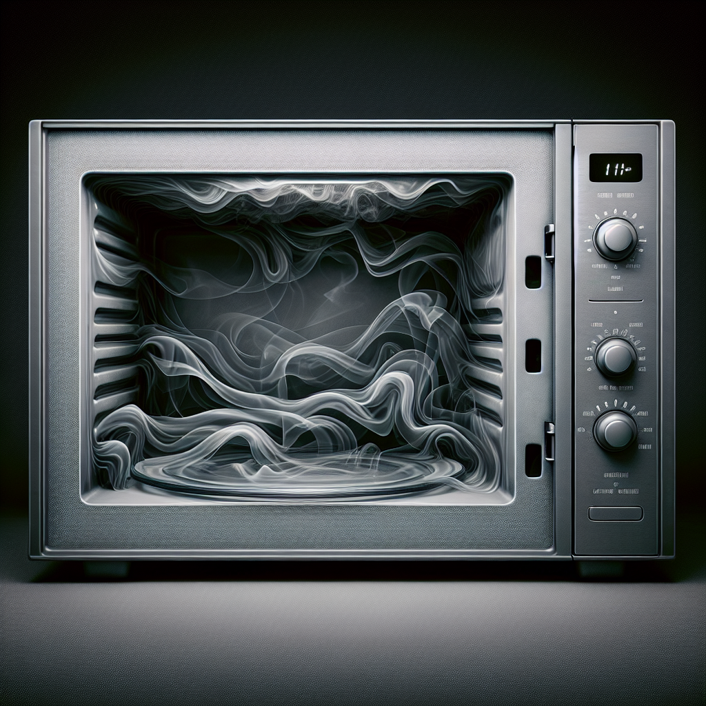 A highly detailed, realistic photograph showing the interior of a sleek, modern kitchen appliance, like an open microwave or an oven. Dark, subtle, wavy lines and a faint, stale haze visually represent a stubborn smoke odor clinging to the internal surfaces, especially on plastic components and rubber seals. The lighting emphasizes the lingering unpleasantness, creating a slightly grimy and uninviting atmosphere. Studio lighting.