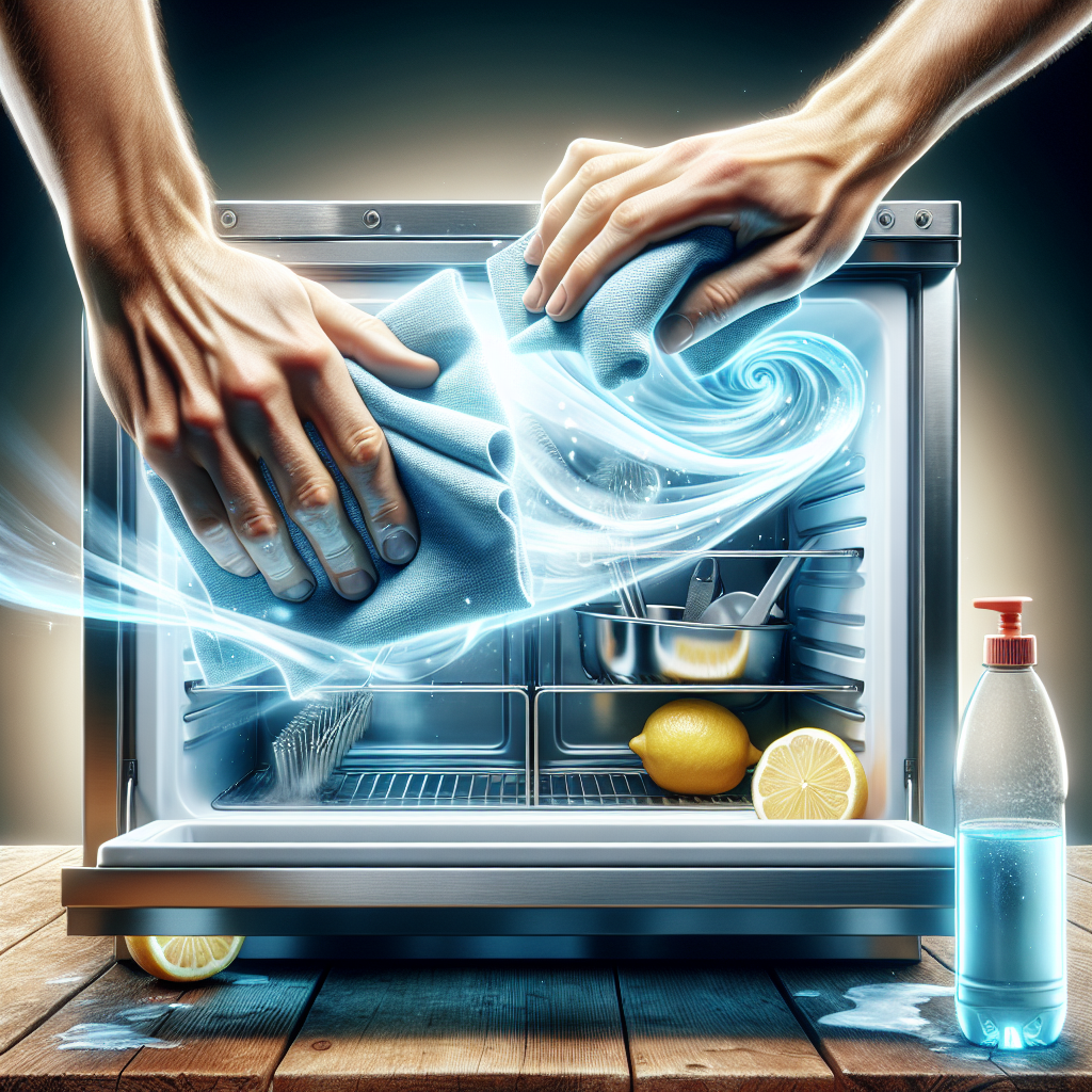 A bright and clean, realistic photograph of a person's hands actively wiping the interior of a modern kitchen appliance (e.g., the inside of a refrigerator or an oven) with a fresh, clean cloth. In the foreground, subtly out of focus, are natural cleaning ingredients: sliced lemons and a small bottle of white vinegar. Ethereal, light blue or white wisps are shown gently dissipating from the appliance, symbolizing the successful removal of unpleasant odors and a return to freshness and cleanliness. Soft, natural light. Focus on cleanliness and natural solutions.