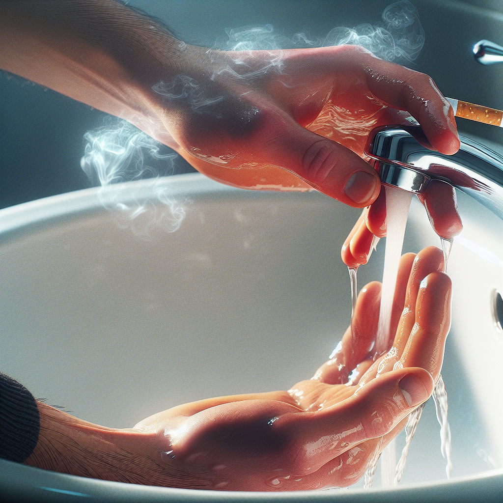A close-up of a person's hands. One hand is slightly discolored with a faint wisp of cigarette smoke rising, conveying an unpleasant smell. The other hand is pristine, being gently rinsed under clear running water, with subtle steam and a fresh, clean aura. Background hints at a bright bathroom sink. Realistic photography, high detail.