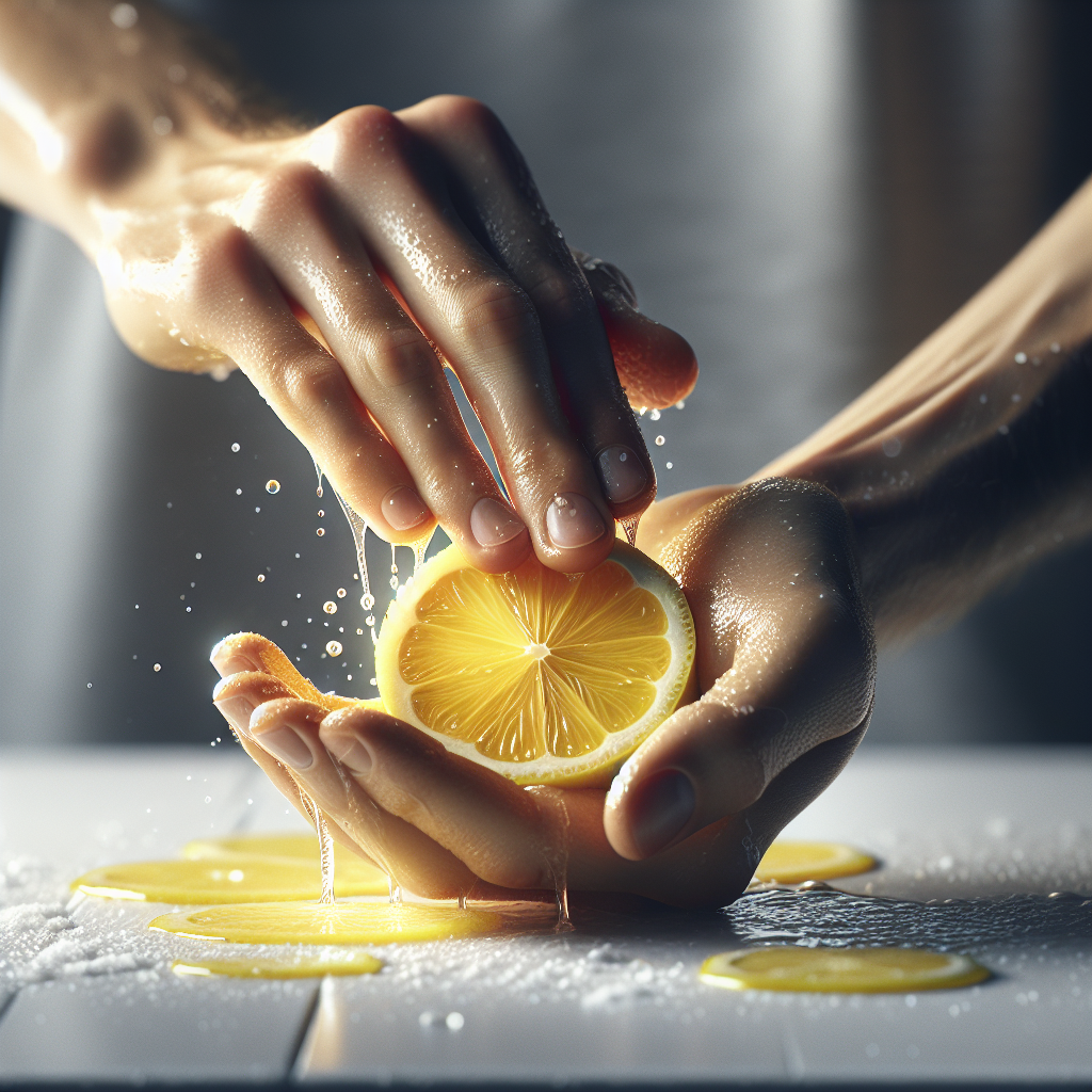 A close-up shot of hands, actively rubbing a bright yellow, freshly cut lemon half against the palms. Small droplets of water and a hint of citrus scent visually represented by light, airy swirls. The background is a clean, bright, out-of-focus surface like a kitchen counter or bathroom sink. Realistic photography, natural light.