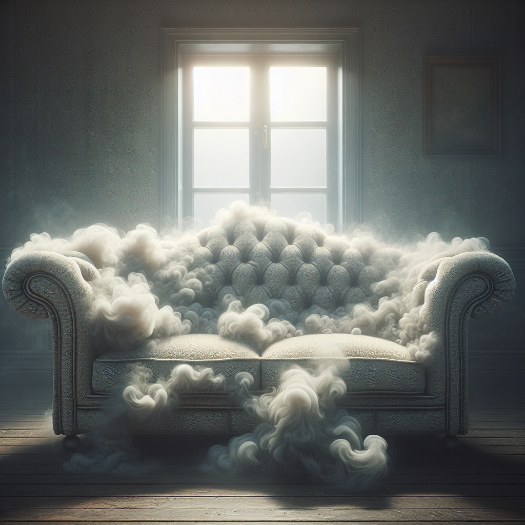 A vintage upholstered sofa in a slightly dim room, with subtle, wispy tendrils of grey smoke seemingly embedded within its fabric, conveying a lingering, unpleasant odor. An open window in the background shows bright daylight, hinting at the need for freshness. Realistic, detailed, with a focus on texture and atmosphere.