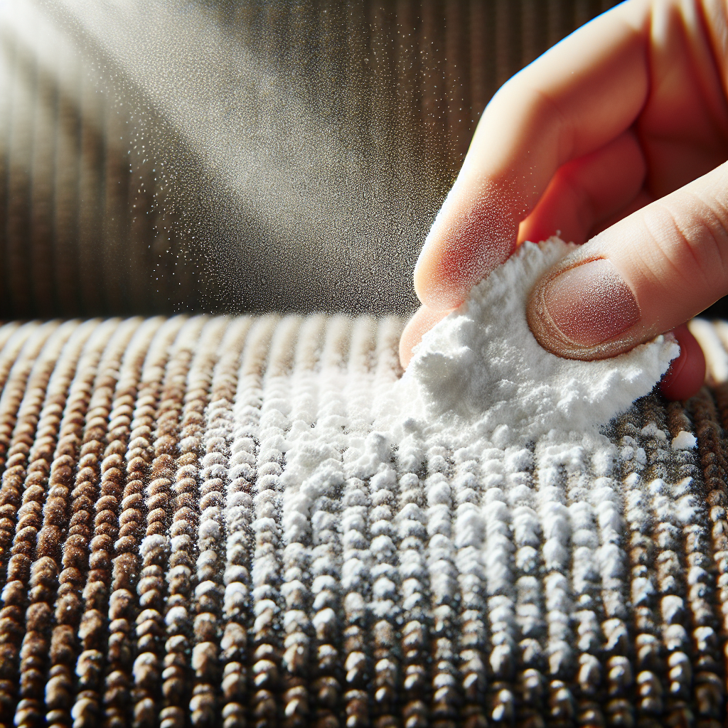 Close-up shot of a hand gently sprinkling a generous amount of white baking soda powder over the textured fabric of a brown upholstered sofa cushion. The powder is visible settling on the fibers. Bright, natural light illuminates the scene, emphasizing cleanliness and the act of remediation. Realistic, detailed.