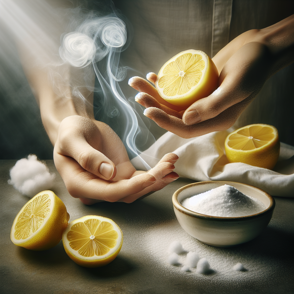 A creative still-life composition featuring hands, one holding a freshly sliced lemon, another gesturing towards a small bowl of baking soda, with subtle, wispy smoke dissipating into the background, replaced by a radiant glow of freshness. The image symbolizes natural remedies eliminating odor. Soft lighting, macro photography style.